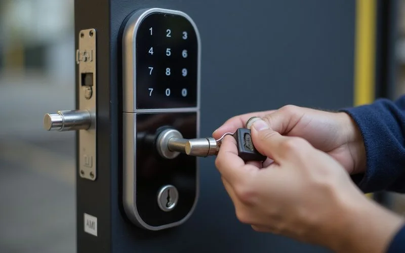 Close-up of a smart lock keypad and its concealed mechanical override keyhole