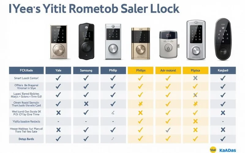 Comparison chart of Yale, Samsung, Philips and Kaadas smart lock brands by feature tier