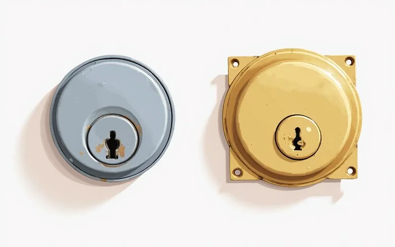 Old worn lock cylinder next to a new replacement