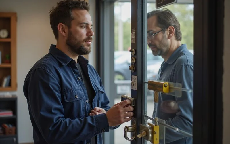 Locksmith advising a business owner about high-security cylinder options