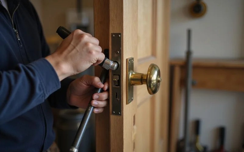 Locksmith fitting a new mortise lock into a wooden home door