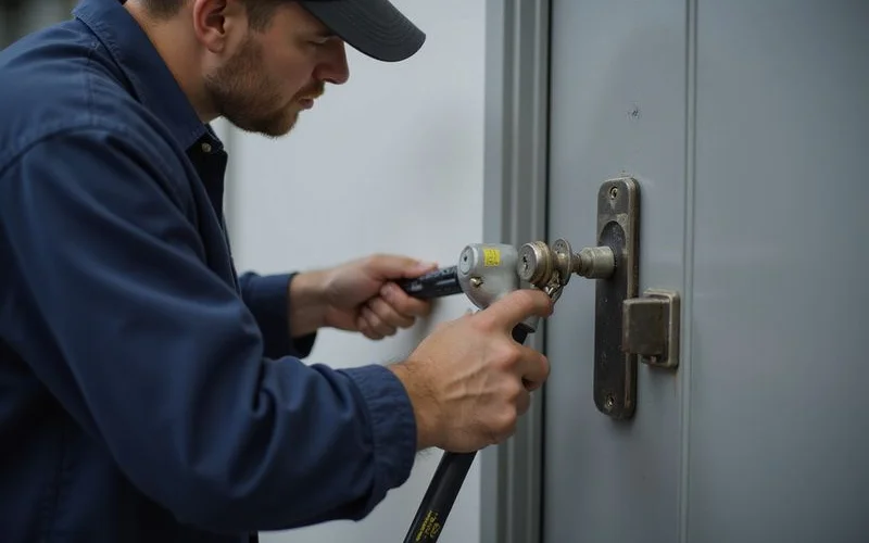 Locksmith installing an exit device on a metal commercial door