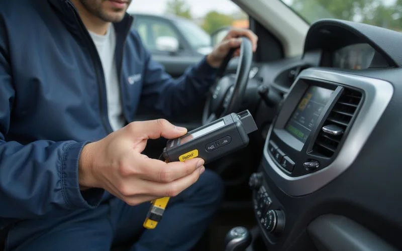 Locksmith programming a new car key with an OBD-II tool inside a vehicle