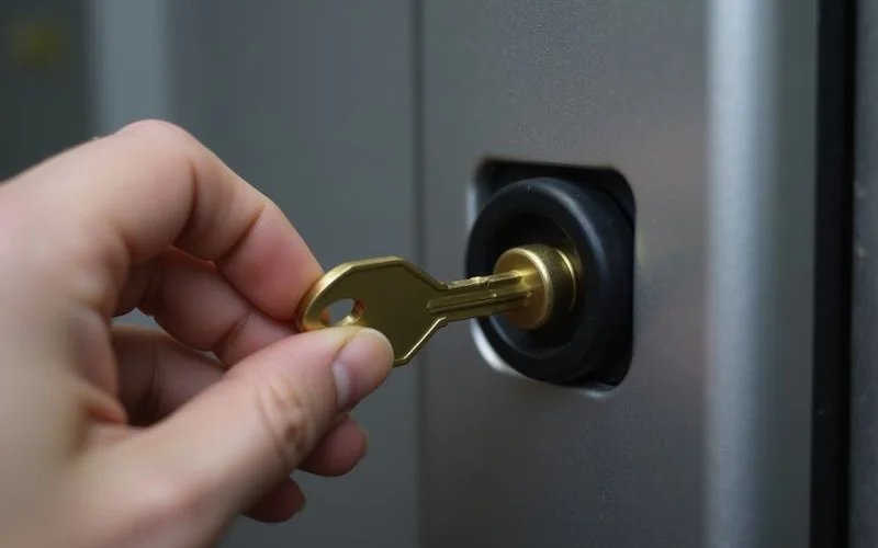 Mechanical override key being inserted into a concealed smart-lock keyhole