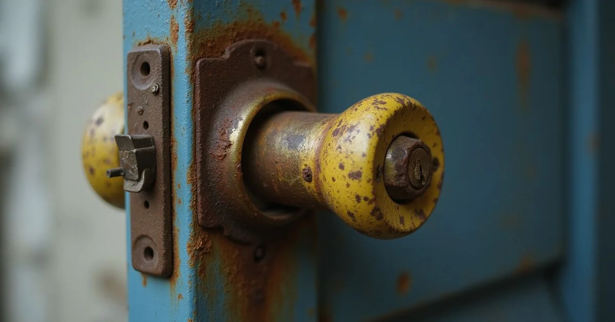 Close-up of a worn, rusty door lock cylinder on a Malaysian home door