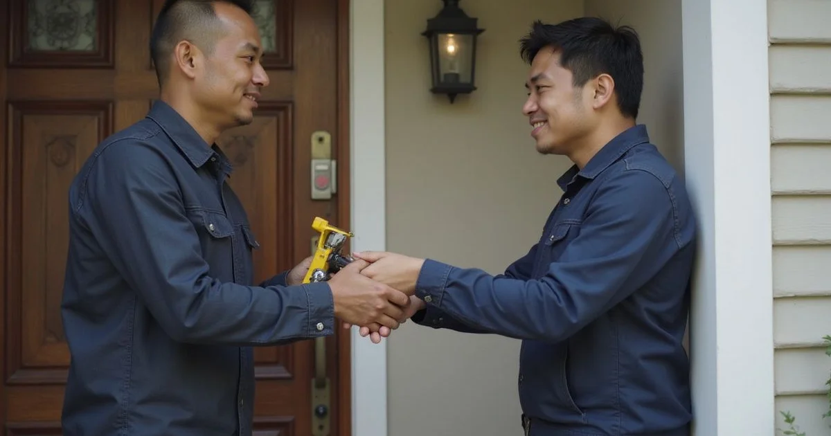 Locksmith greeting a homeowner at the front door before a job