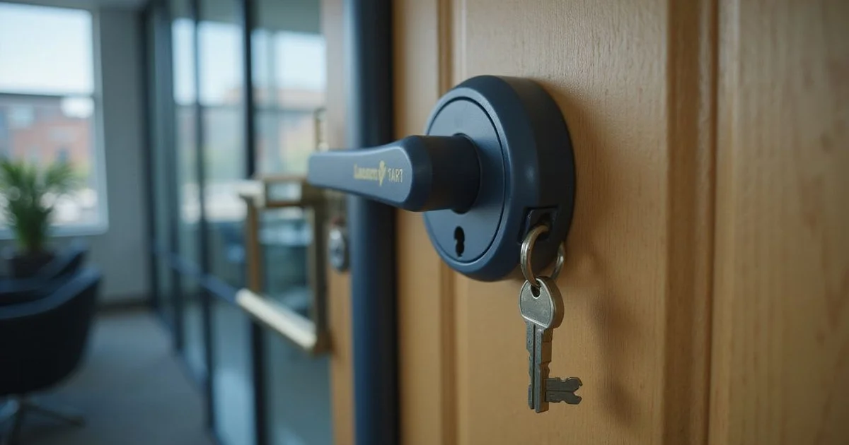 High-security Euro-profile cylinder and matching key on an office door
