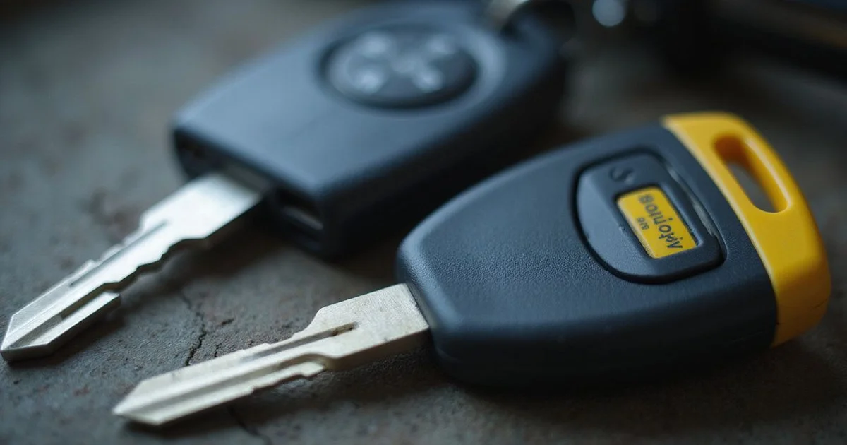 Macro view of a car key transponder chip beside a cut key blade