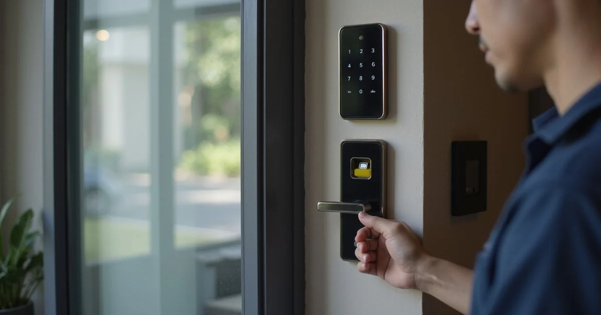 A modern digital smart lock fitted on a Malaysian home door