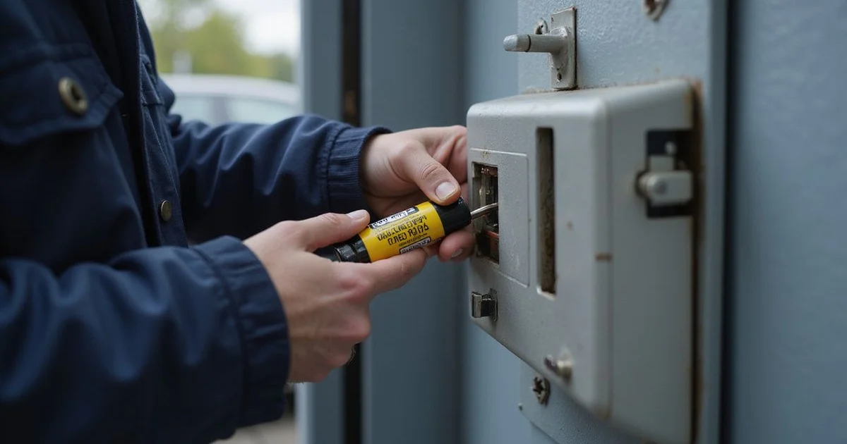 Person holding a 9V battery against a smart lock's emergency power terminal