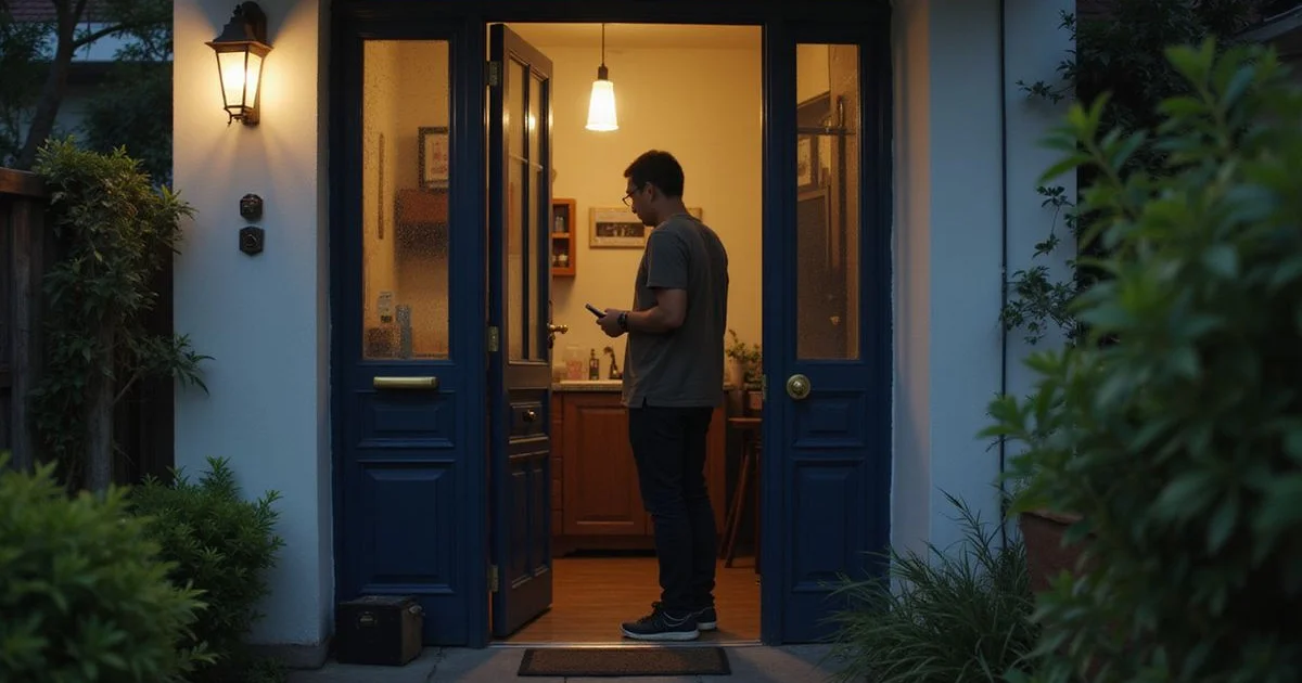 Person locked out of a Petaling Jaya terrace house at dusk, phone in hand