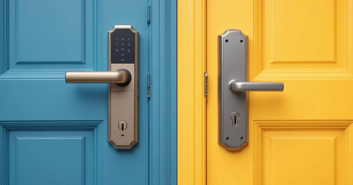 A traditional deadbolt next to a digital smart lock on adjacent doors